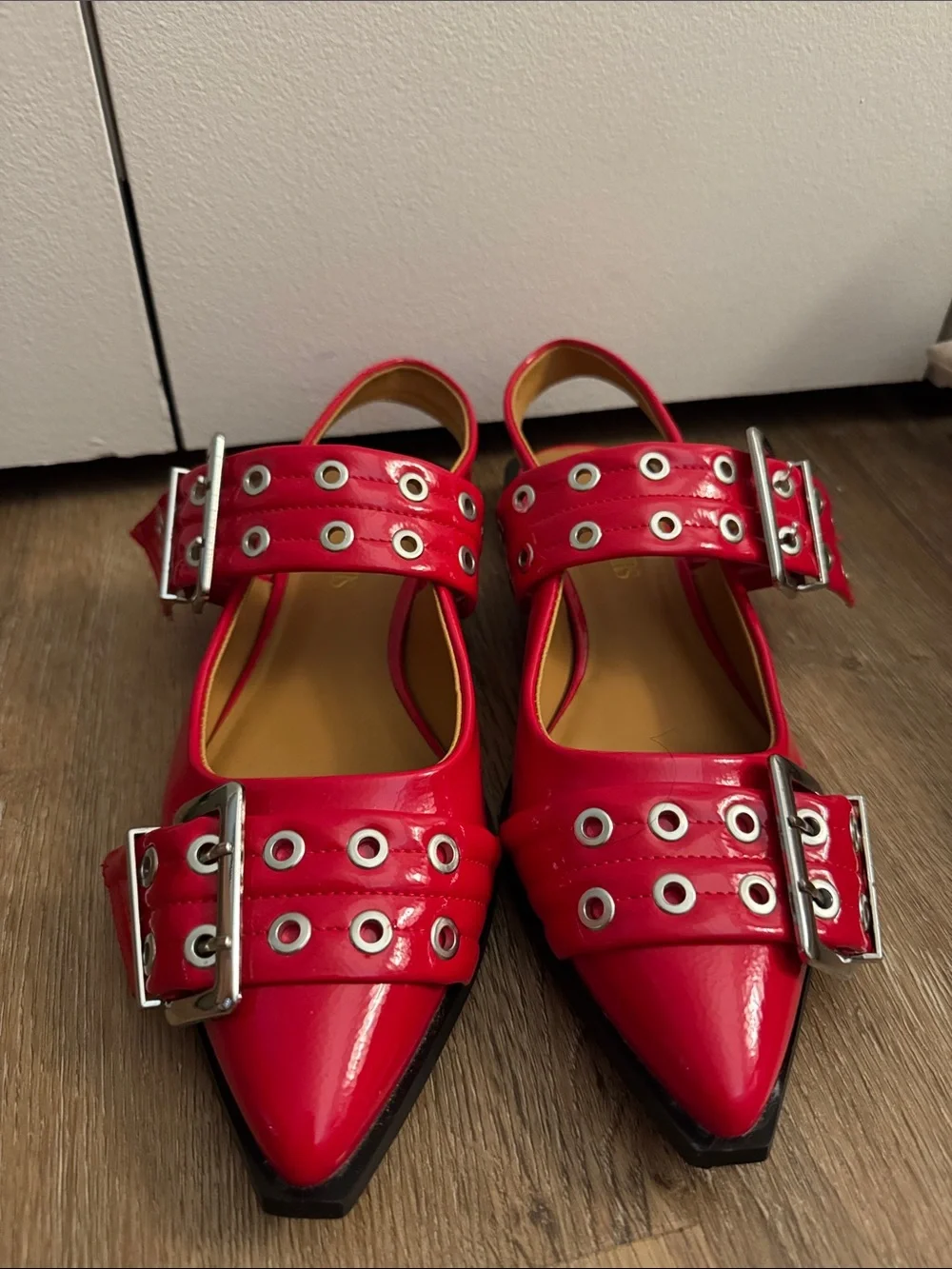 Red Pointed Toe Buckle Flats - Women Shoes
